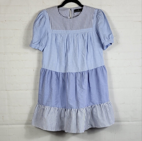 Pomander Place Tuckernuck Preppy Feminine Quinn Tiered Mini Dress Blue Stripe XS - Picture 2 of 16